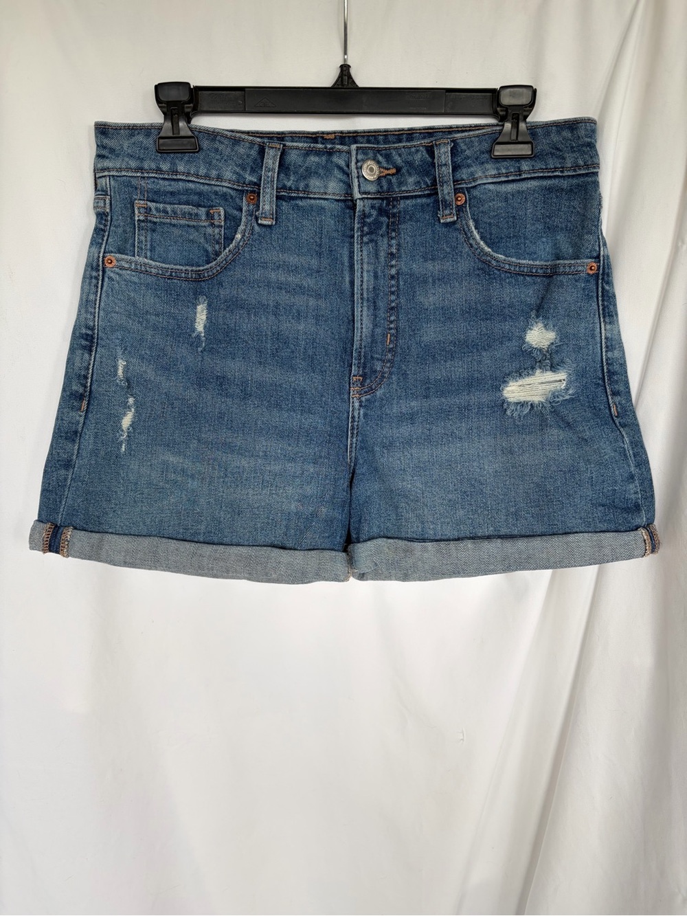 Old Navy Womens 12 OG Denim Short High Rise Rolled Cuff Medium Blue Distressed
